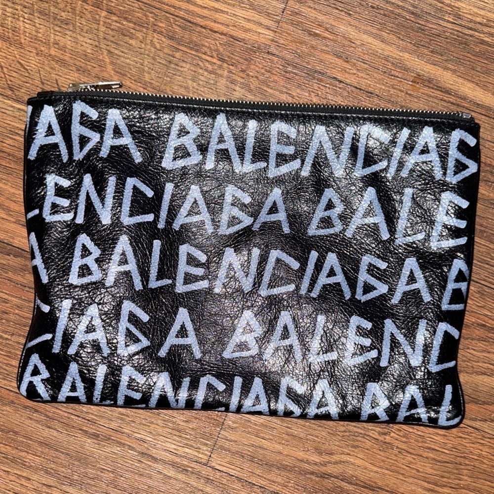 Balenciaga Blue Graffiti Logo Zip Pouch in Black Crinkled Calf Leather